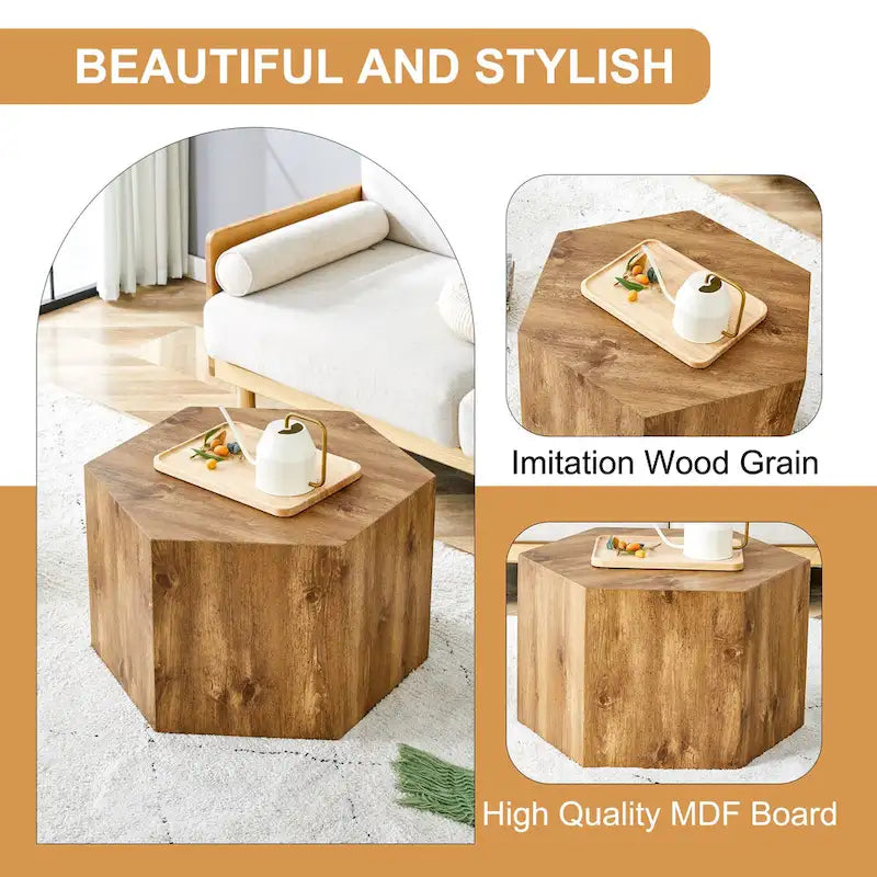 Hexagonal Coffee Table Textured Coffee Table with Non-slip Foot Mat Living Room End Table for Small Space