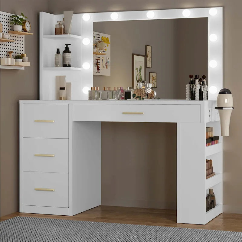 Moasis 39.5W Bedroom Makeup Vanity Desk with Mirror and Power Outlets&Hairdryer Holder