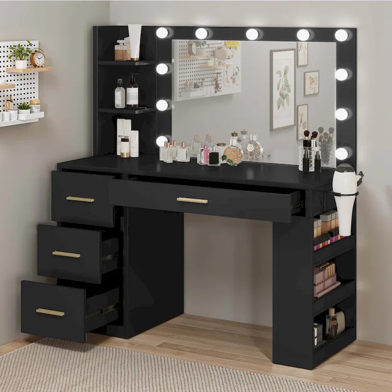 Moasis 39.5W Bedroom Makeup Vanity Desk with Mirror and Power Outlets&Hairdryer Holder