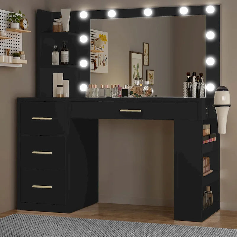 Moasis 39.5W Bedroom Makeup Vanity Desk with Mirror and Power Outlets&Hairdryer Holder