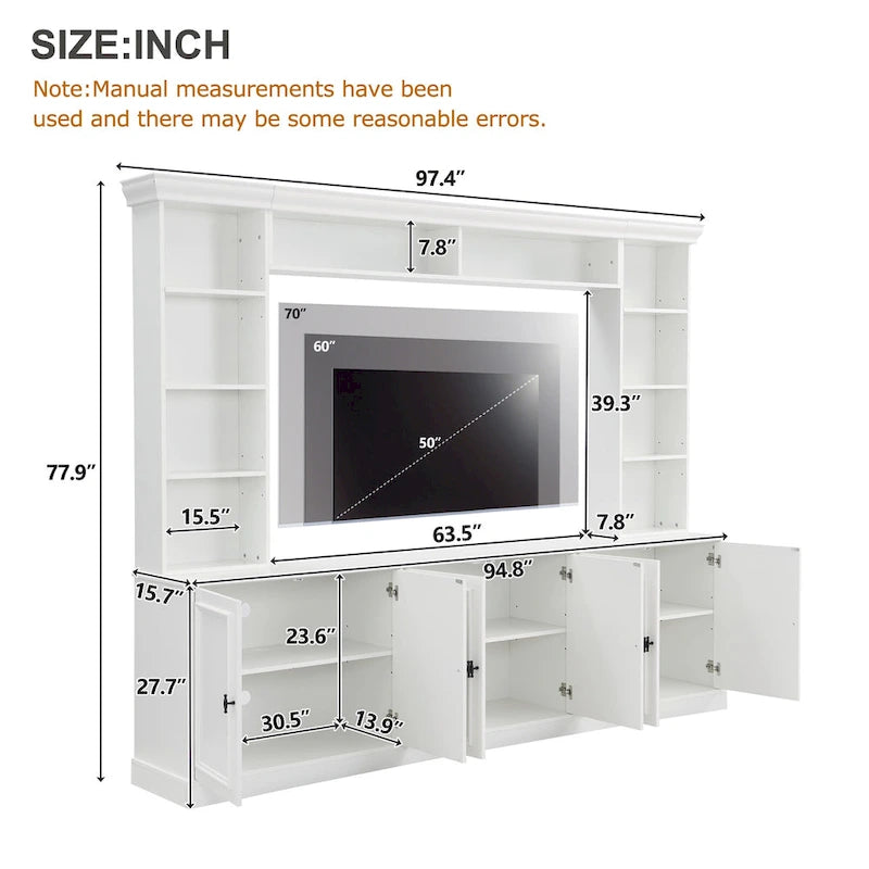 4-Piece Entertainment Center Wall Unit Set with Bridge for TVs Up to 70, TV Stand W/Adjustable Shelves, Large Media Console