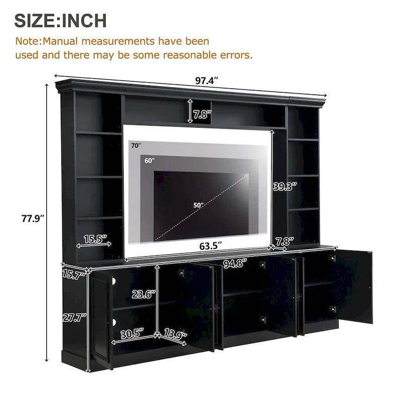 4-Piece Entertainment Center Wall Unit Set with Bridge for TVs Up to 70, TV Stand W/Adjustable Shelves, Large Media Console