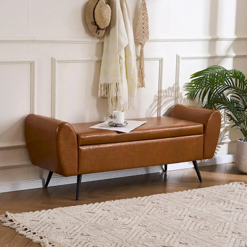 Upholstered 56W Flip Top Storage Bench with arms