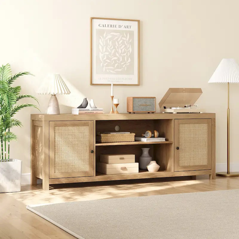 Rattan TV Stand for 65 Inch, Boho Entertainment Center with Storage and Doors - 65 inches