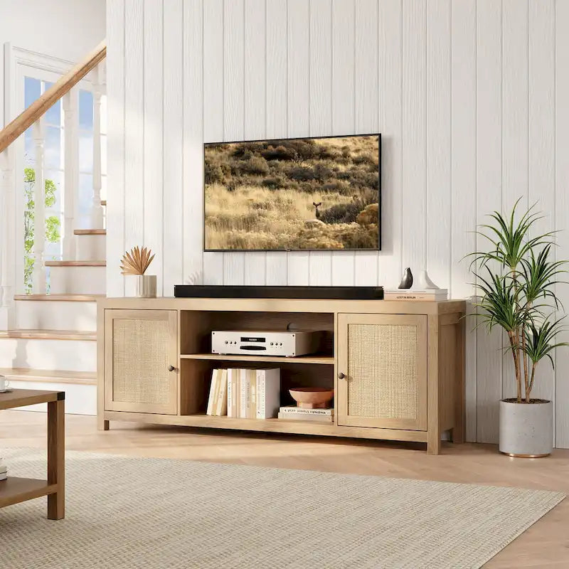 Rattan TV Stand for 65 Inch, Boho Entertainment Center with Storage and Doors - 65 inches