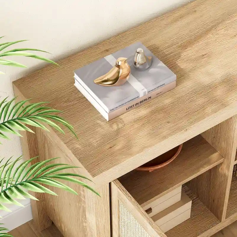 Rattan TV Stand for 65 Inch, Boho Entertainment Center with Storage and Doors - 65 inches