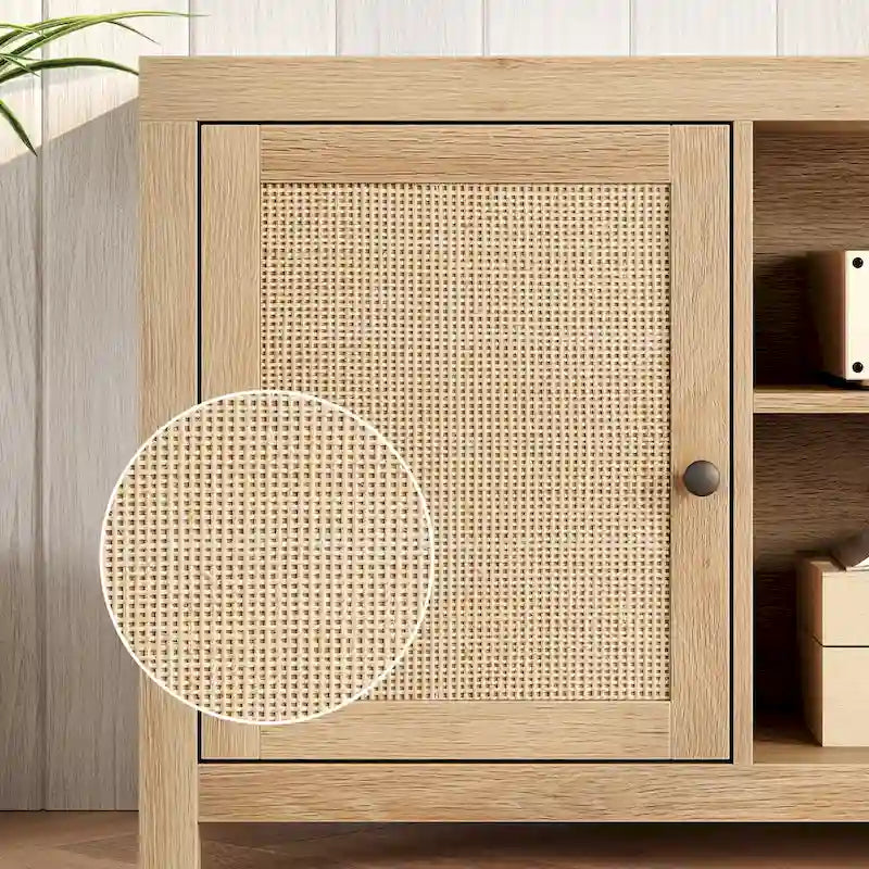 Rattan TV Stand for 65 Inch, Boho Entertainment Center with Storage and Doors - 65 inches