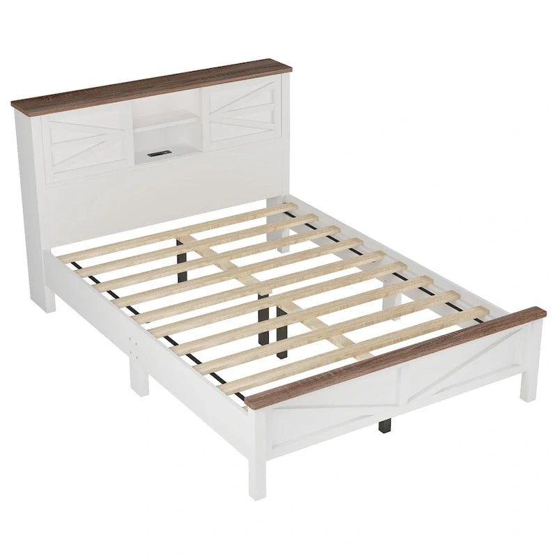 Farmhouse Platform Bed with Double Sliding Barn Door and Charging Station