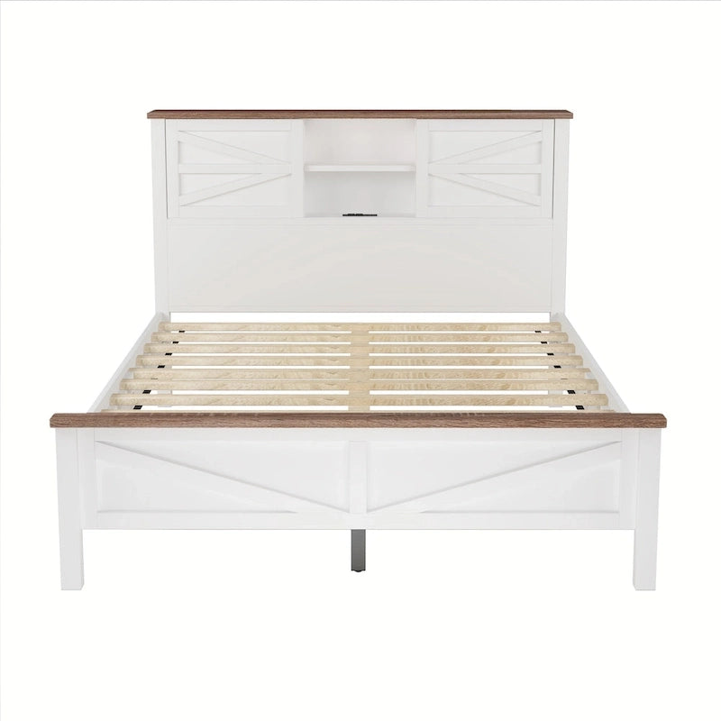 Farmhouse Platform Bed with Double Sliding Barn Door and Charging Station