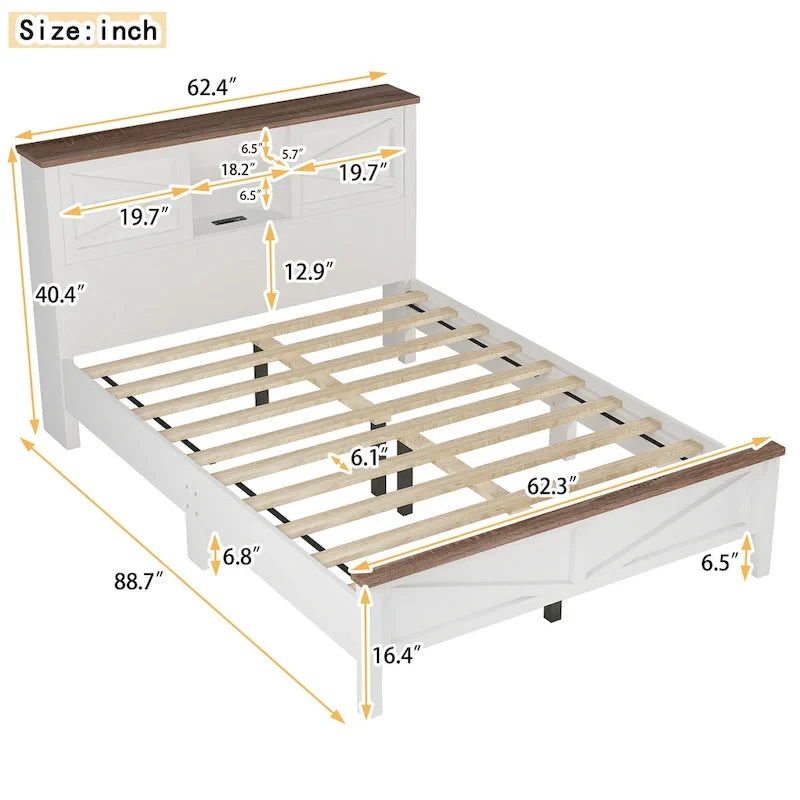 Farmhouse Platform Bed with Double Sliding Barn Door and Charging Station