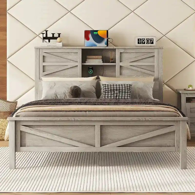 Farmhouse Platform Bed with Double Sliding Barn Door and Charging Station