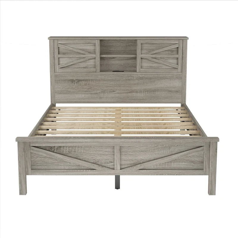 Farmhouse Platform Bed with Double Sliding Barn Door and Charging Station