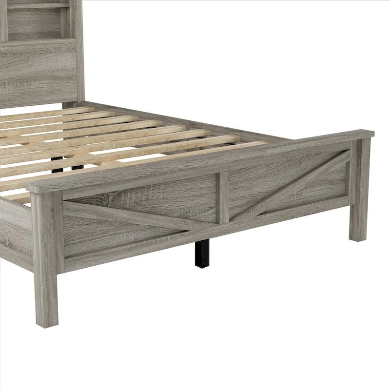 Farmhouse Platform Bed with Double Sliding Barn Door and Charging Station
