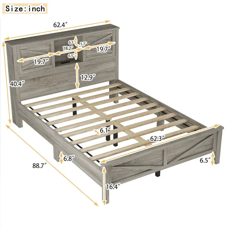 Farmhouse Platform Bed with Double Sliding Barn Door and Charging Station