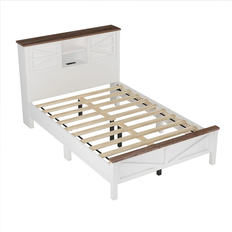 Farmhouse Platform Bed with Double Sliding Barn Door and Charging Station