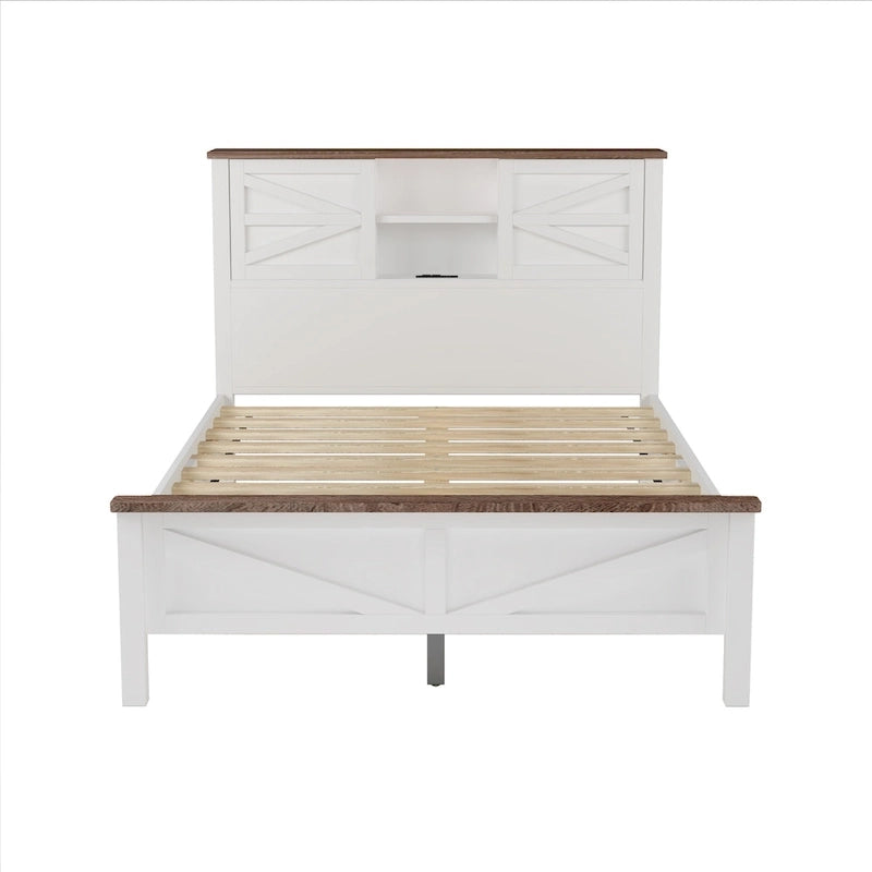 Farmhouse Platform Bed with Double Sliding Barn Door and Charging Station