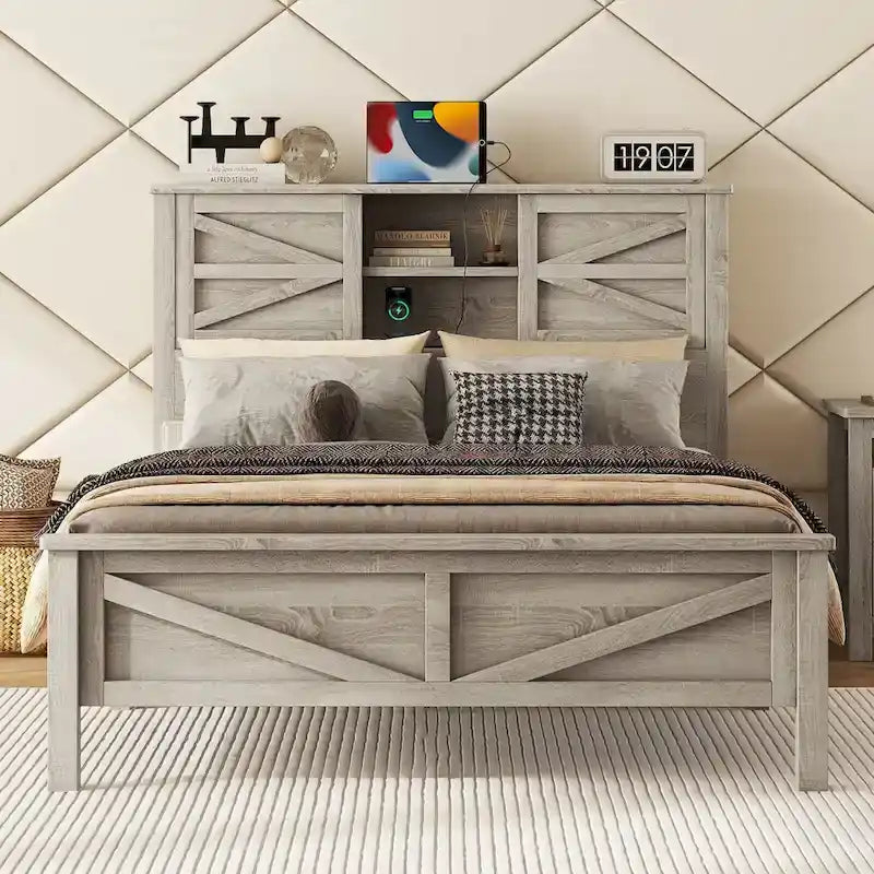 Farmhouse Platform Bed with Double Sliding Barn Door and Charging Station