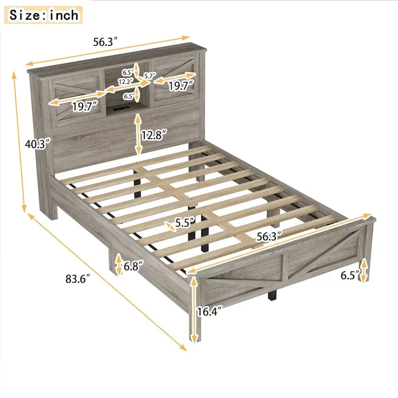 Farmhouse Platform Bed with Double Sliding Barn Door and Charging Station