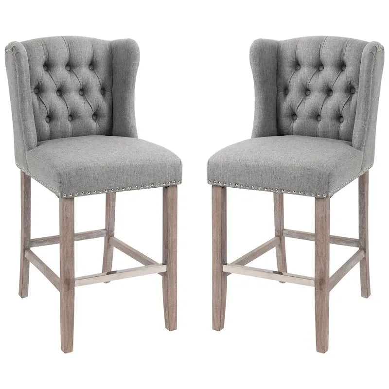 HOMCOM 2 Piece Counter Height Barstools Kitchen Breakfast Stools with Nailhead-Trim and Tufted Back, Solid Wood Legs