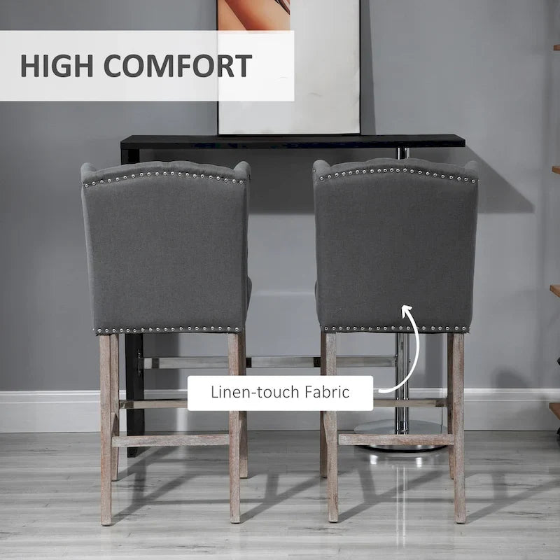 HOMCOM 2 Piece Counter Height Barstools Kitchen Breakfast Stools with Nailhead-Trim and Tufted Back, Solid Wood Legs