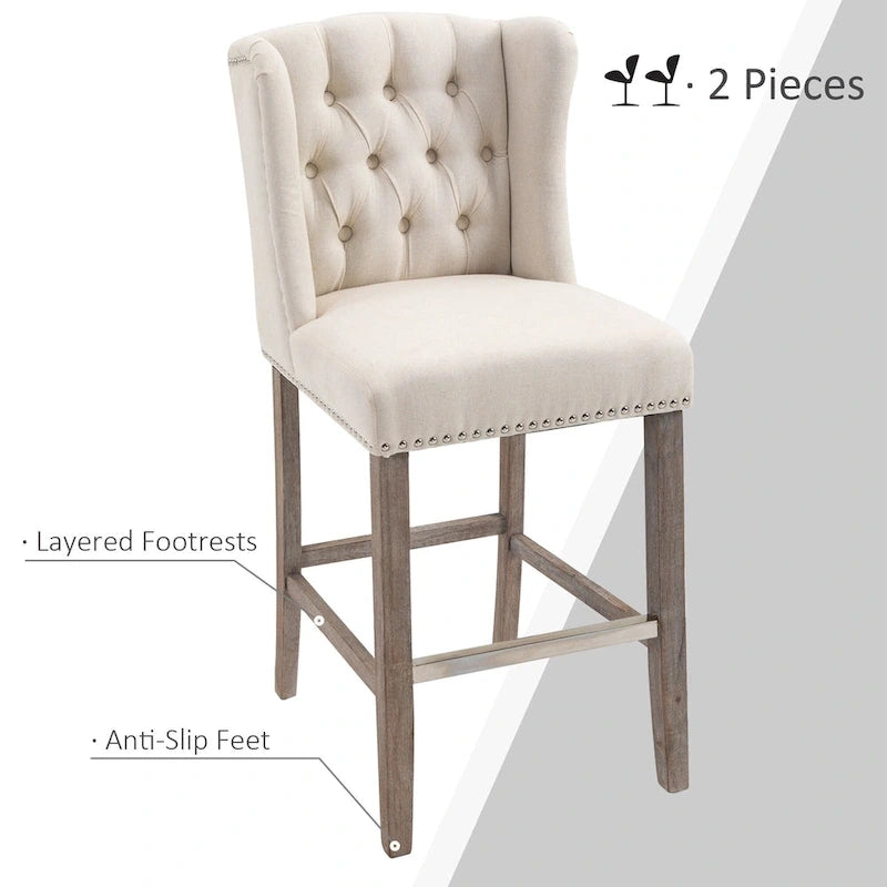 HOMCOM 2 Piece Counter Height Barstools Kitchen Breakfast Stools with Nailhead-Trim and Tufted Back, Solid Wood Legs