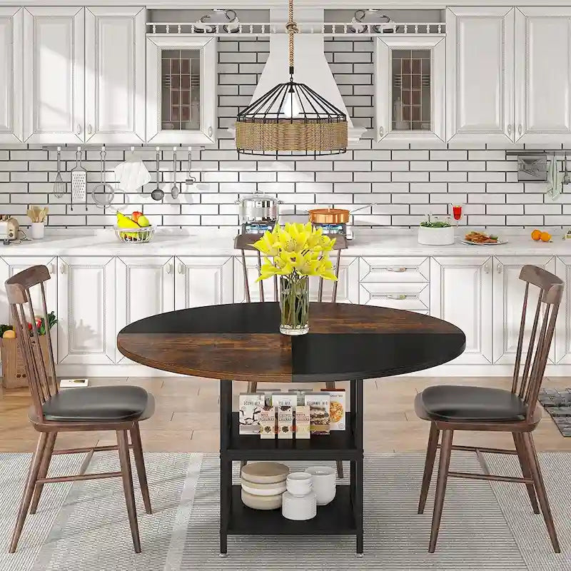 Round Dining Table for 4, 47 inch Kitchen Table Small Dinner Table with Storage Shelf