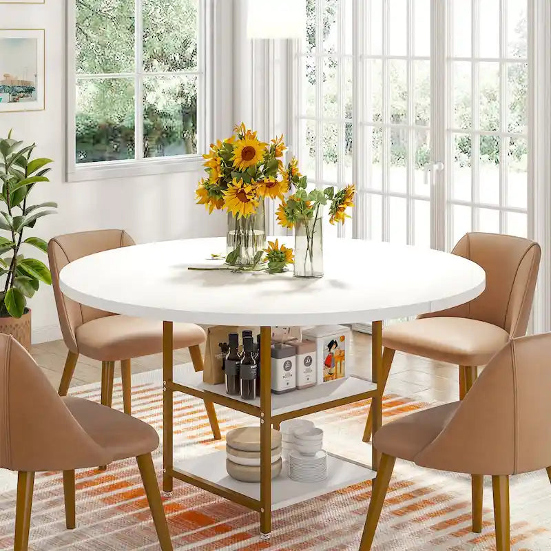 Round Dining Table for 4, 47 inch Kitchen Table Small Dinner Table with Storage Shelf