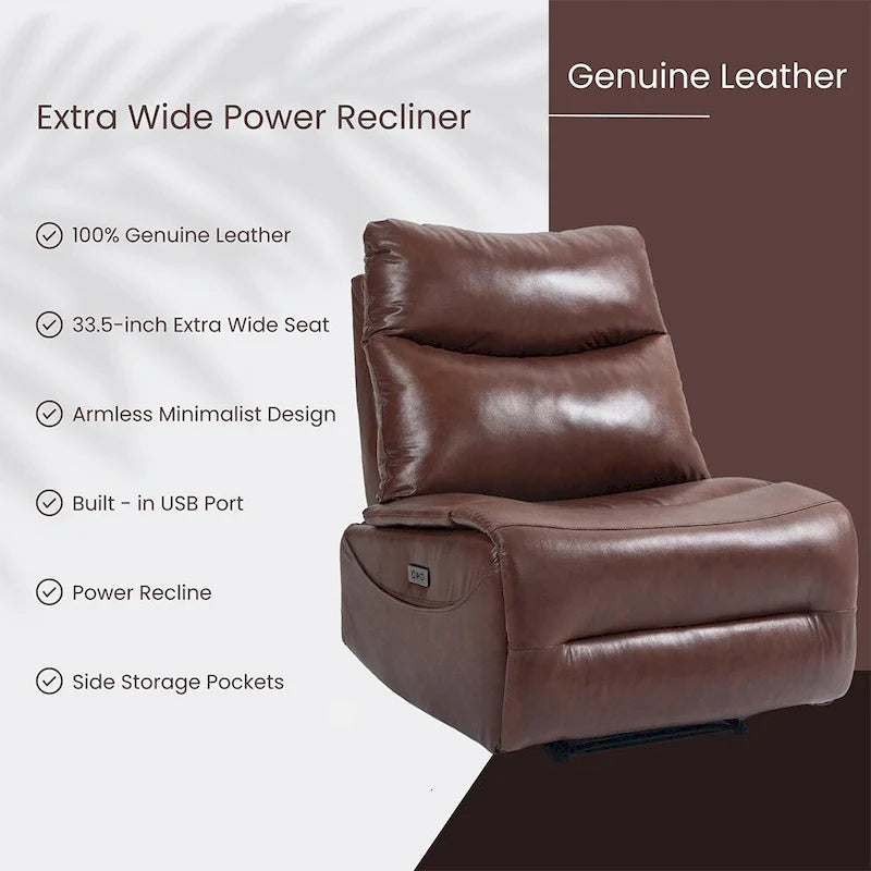 Genuine Leather Power Recliner, Reclining Sofa Chair, Minimalist Sofa