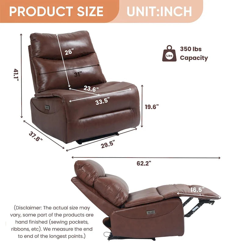 Genuine Leather Power Recliner, Reclining Sofa Chair, Minimalist Sofa