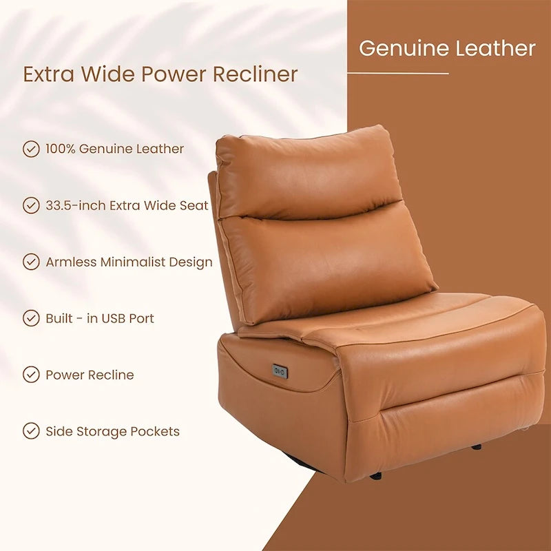 Genuine Leather Power Recliner, Reclining Sofa Chair, Minimalist Sofa