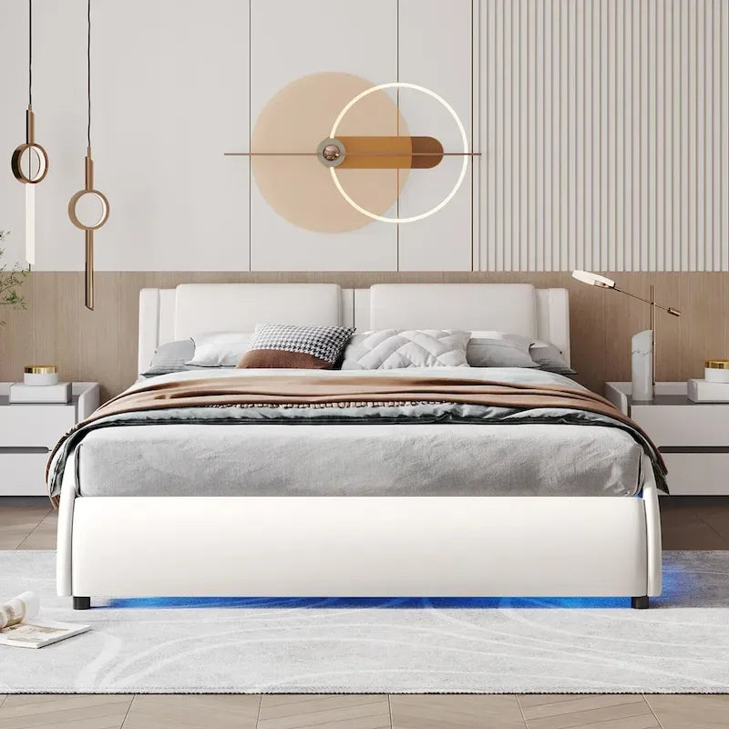 Upholstered Faux Leather Platform Bed with LED Light