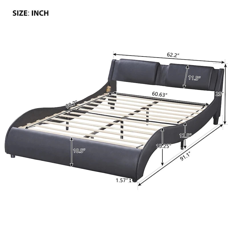 Upholstered Faux Leather Platform Bed with LED Light