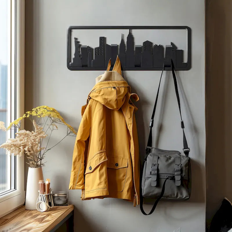 Black Wood 4-Hook Wall-Mounted Coat and Towel Rack - 22.3 Wide