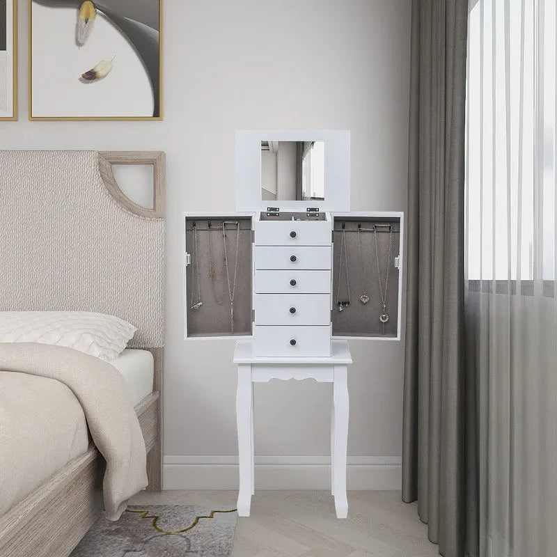 Standing Jewelry Armoire with Mirror, 5 Drawers, 8 Necklace Hooks & 2 Side Swing Doors(White)