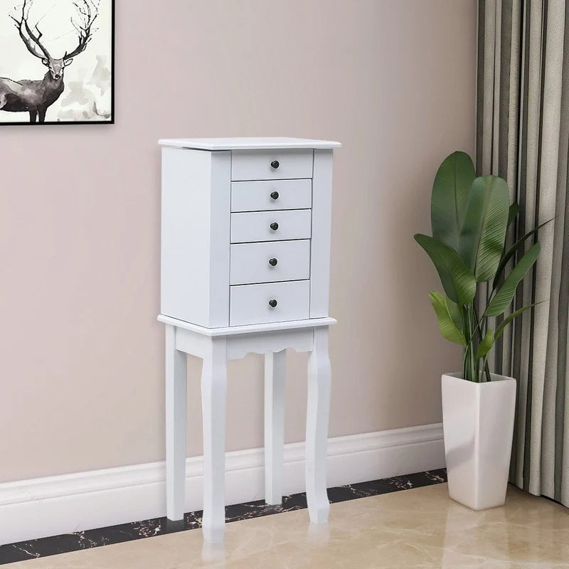 Standing Jewelry Armoire with Mirror, 5 Drawers, 8 Necklace Hooks & 2 Side Swing Doors(White)