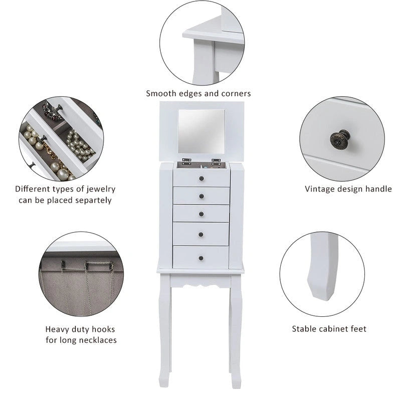 Standing Jewelry Armoire with Mirror, 5 Drawers, 8 Necklace Hooks & 2 Side Swing Doors(White)