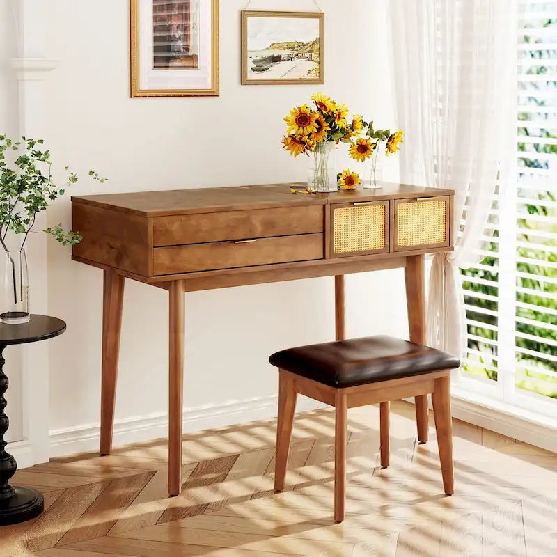 43.3 Classic Wood Makeup Vanity Set with Flip-top Mirror and Stool, Dressing Table with Three Drawers and storage space