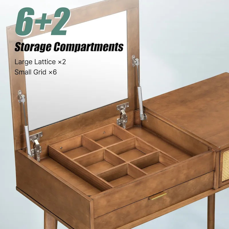 43.3 Classic Wood Makeup Vanity Set with Flip-top Mirror and Stool, Dressing Table with Three Drawers and storage space