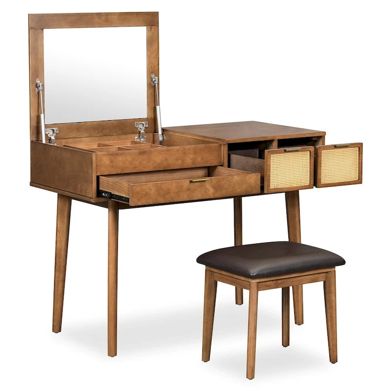 43.3 Classic Wood Makeup Vanity Set with Flip-top Mirror and Stool, Dressing Table with Three Drawers and storage space