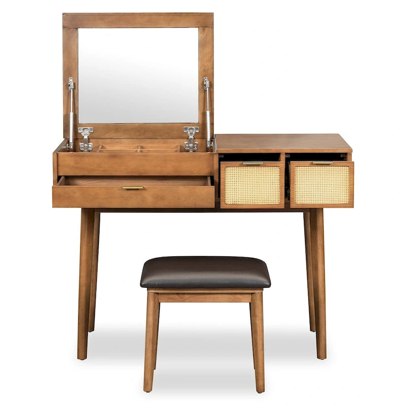 43.3 Classic Wood Makeup Vanity Set with Flip-top Mirror and Stool, Dressing Table with Three Drawers and storage space