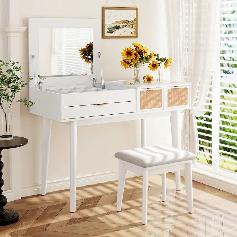 43.3 Classic Wood Makeup Vanity Set with Flip-top Mirror and Stool, Dressing Table with Three Drawers and storage space
