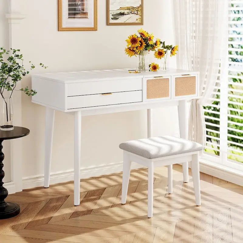 43.3 Classic Wood Makeup Vanity Set with Flip-top Mirror and Stool, Dressing Table with Three Drawers and storage space