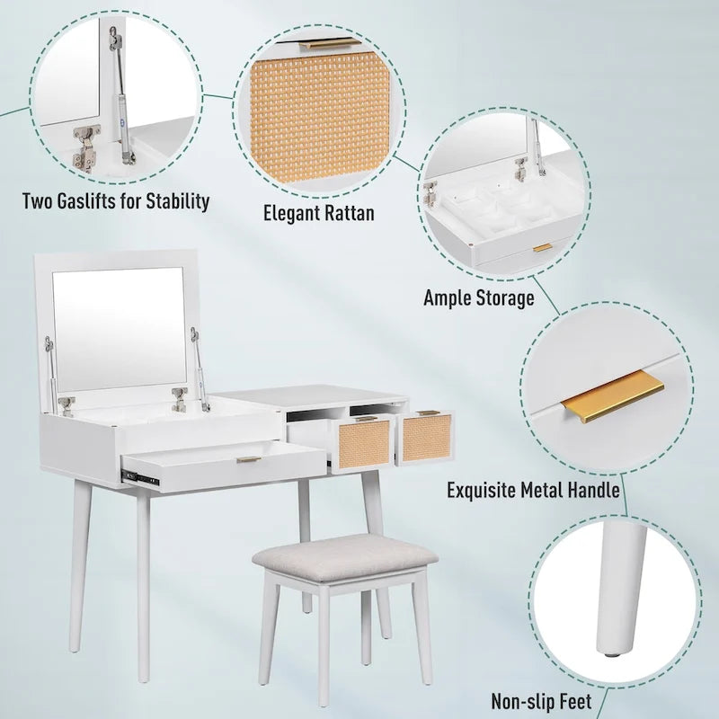 43.3 Classic Wood Makeup Vanity Set with Flip-top Mirror and Stool, Dressing Table with Three Drawers and storage space