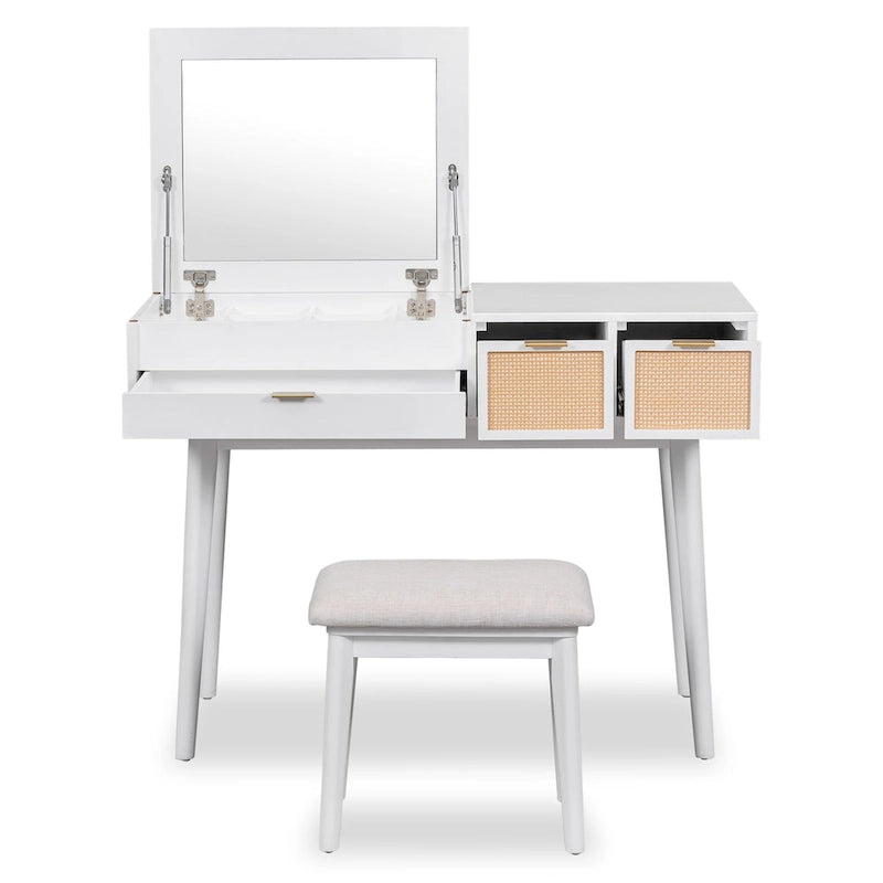 43.3 Classic Wood Makeup Vanity Set with Flip-top Mirror and Stool, Dressing Table with Three Drawers and storage space