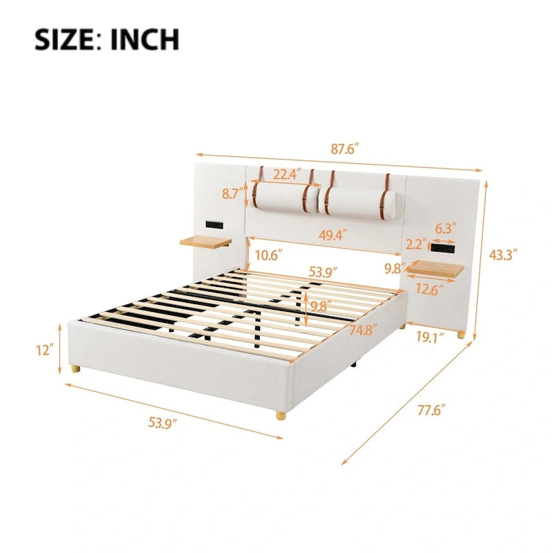 Full Size Velvet Upholstered Platform Bed,Two Outlets and USB Charging Ports on Both Sides,Two Bedside Pillows,Storage Shelves