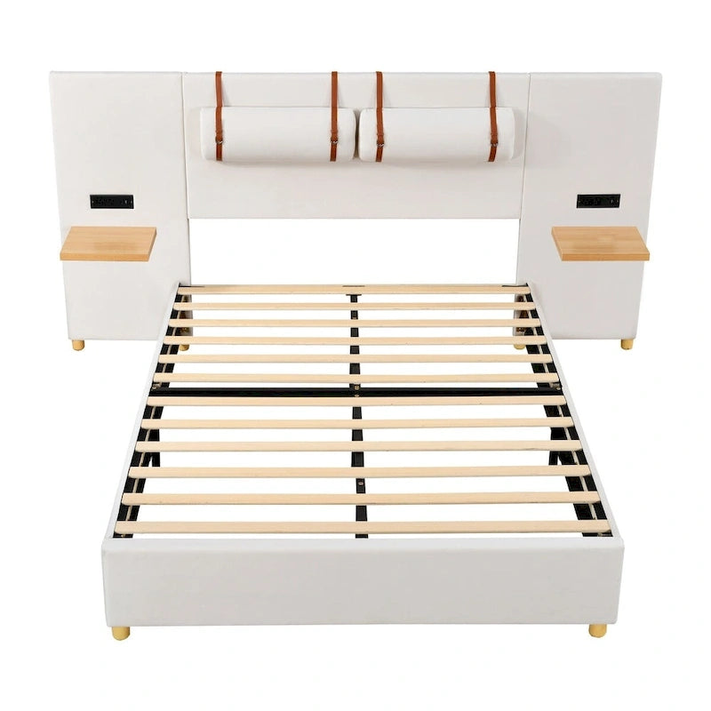 Full Size Velvet Upholstered Platform Bed,Two Outlets and USB Charging Ports on Both Sides,Two Bedside Pillows,Storage Shelves