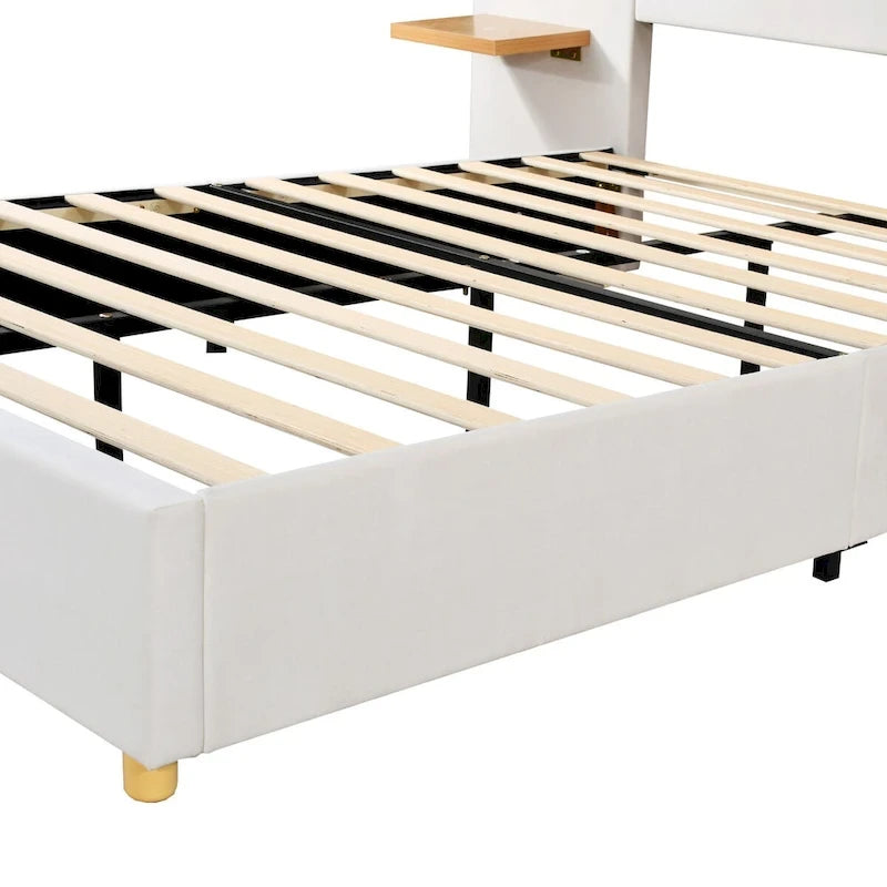 Full Size Velvet Upholstered Platform Bed,Two Outlets and USB Charging Ports on Both Sides,Two Bedside Pillows,Storage Shelves