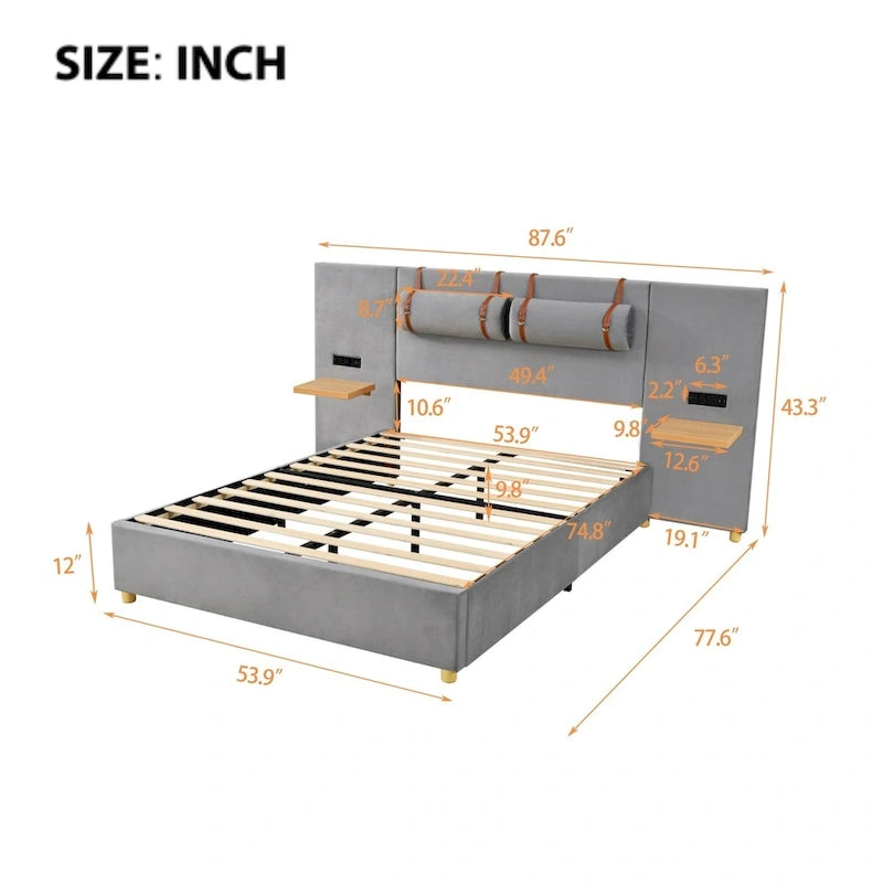 Full Size Velvet Upholstered Platform Bed,Two Outlets and USB Charging Ports on Both Sides,Two Bedside Pillows,Storage Shelves