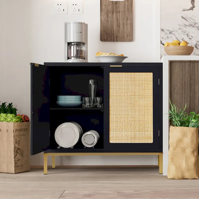 Anmytek Mid-Century Modern Black Wood Rattan Buffet Sideboard Accent Cabinet with 2 Doors