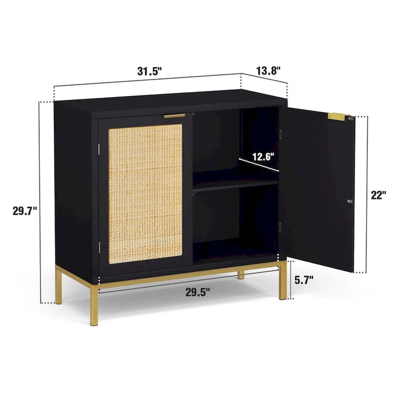Anmytek Mid-Century Modern Black Wood Rattan Buffet Sideboard Accent Cabinet with 2 Doors